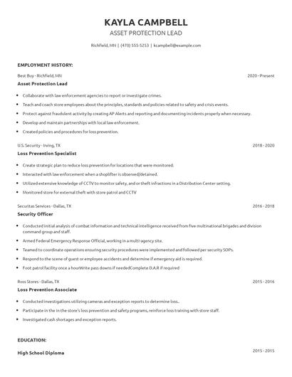 Asset Protection Lead Resume