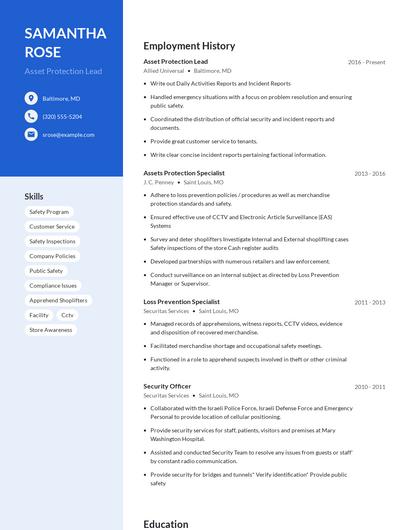 Asset Protection Lead Resume