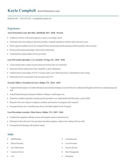 Asset Protection Lead Resume