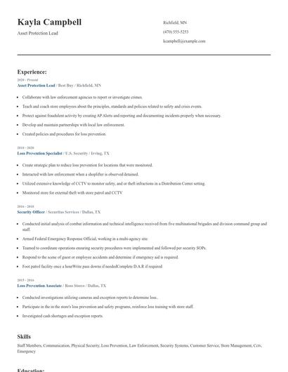 Asset Protection Lead Resume