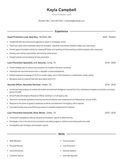 Asset Protection Lead Resume