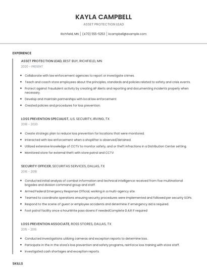 Asset Protection Lead Resume