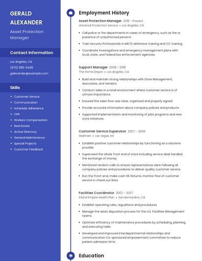 Asset Protection Manager Resume