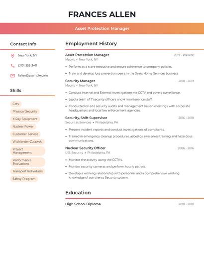 Asset Protection Manager Resume