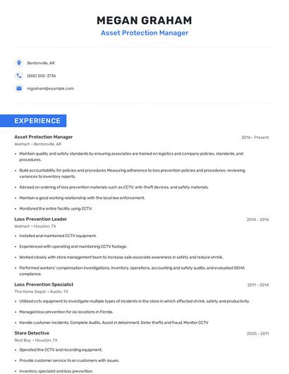 Asset Protection Manager Resume
