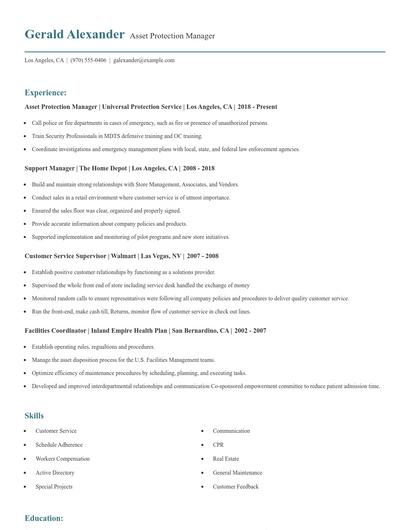 Asset Protection Manager Resume
