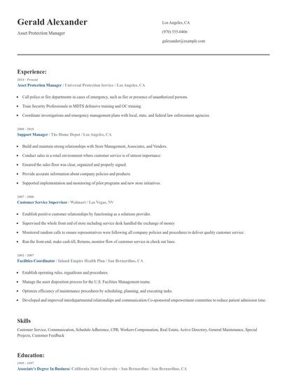Asset Protection Manager Resume