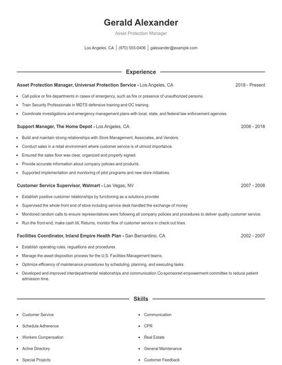 Asset Protection Manager Resume
