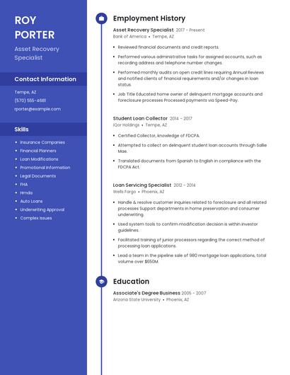 Asset Recovery Specialist Resume