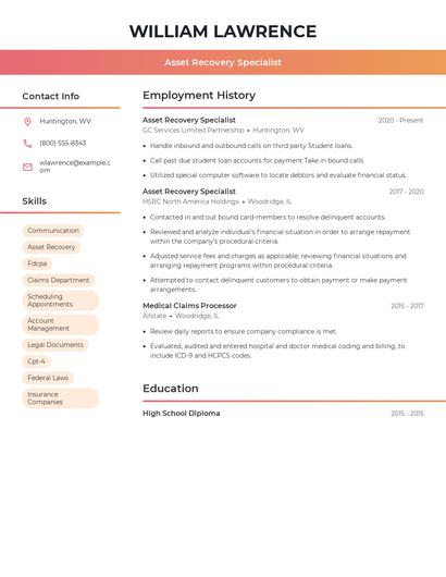 Asset Recovery Specialist Resume