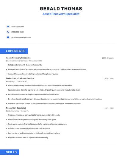 Asset Recovery Specialist Resume