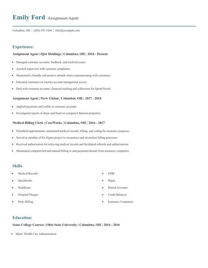 Assignment Agent Resume