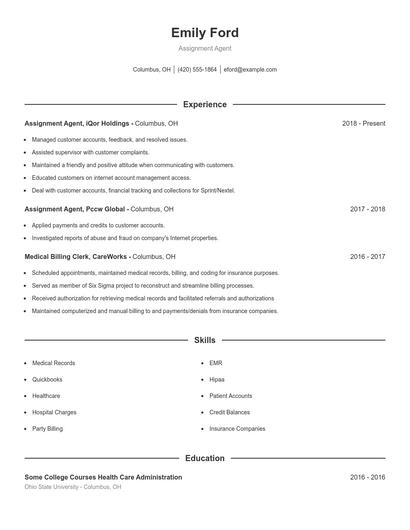Assignment Agent Resume