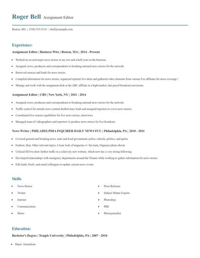 Assignment Editor Resume