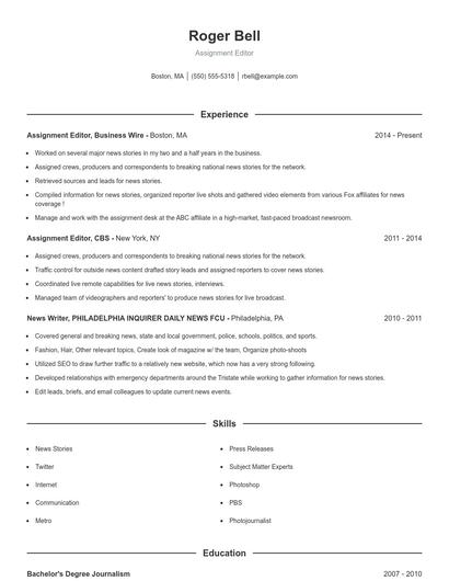 Assignment Editor Resume