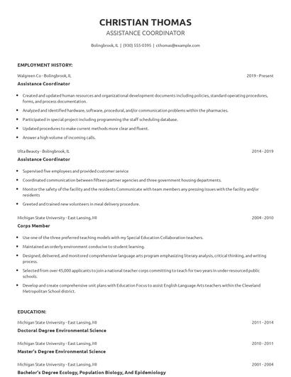 Assistance Coordinator Resume