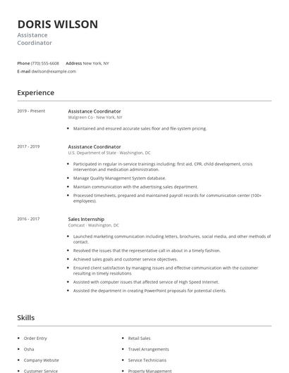 Assistance Coordinator Resume