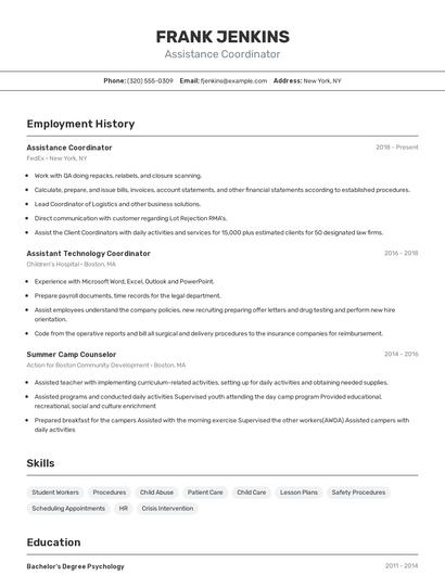 Assistance Coordinator Resume