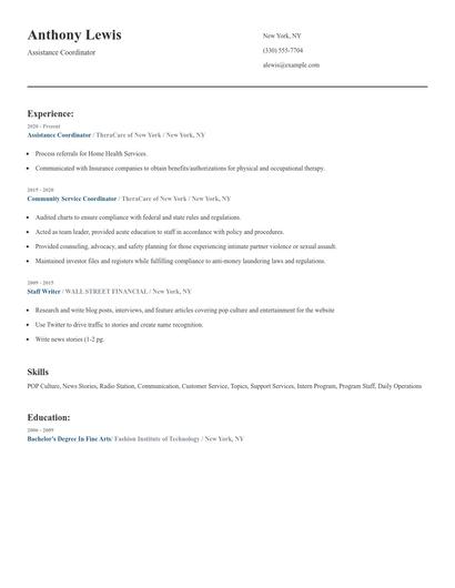 Assistance Coordinator Resume