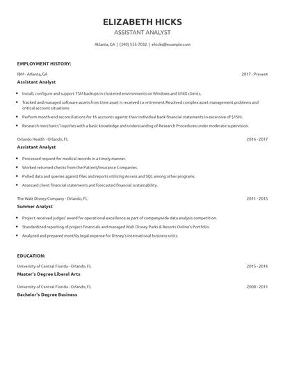 Assistant Analyst Resume