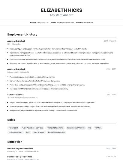 Assistant Analyst Resume