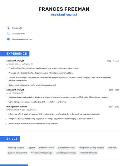 Assistant Analyst Resume