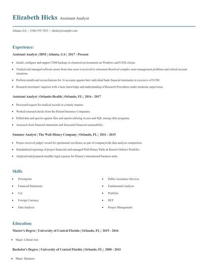 Assistant Analyst Resume