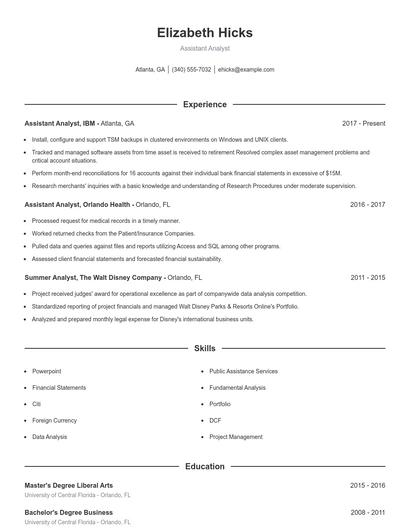 Assistant Analyst Resume