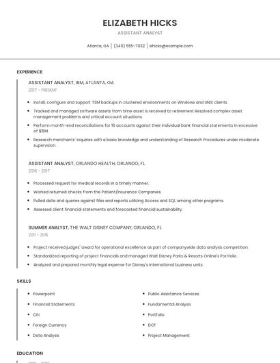 Assistant Analyst Resume