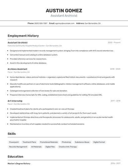 Assistant Archivist Resume