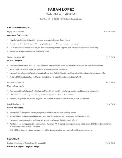 Assistant Art Director Resume