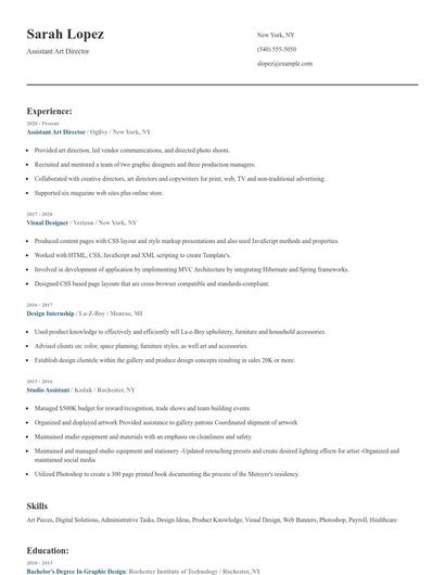 Assistant Art Director Resume
