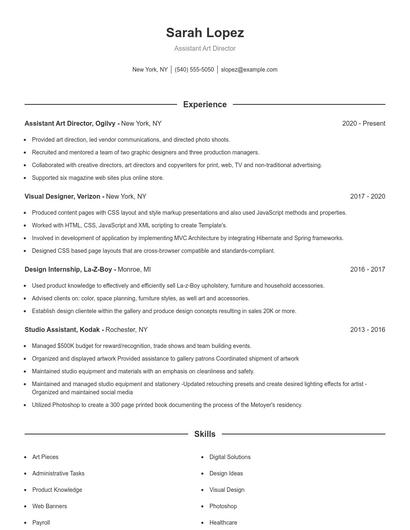 Assistant Art Director Resume