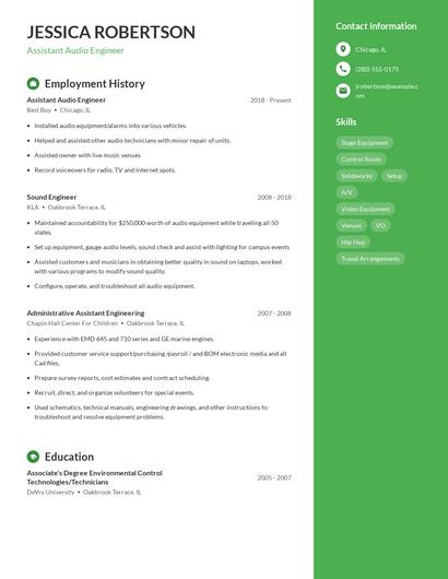 Assistant Audio Engineer Resume