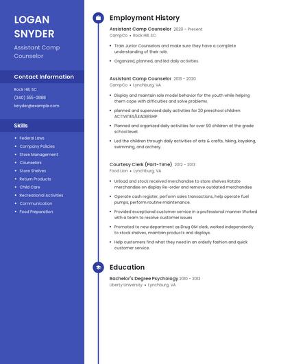 Assistant Camp Counselor Resume