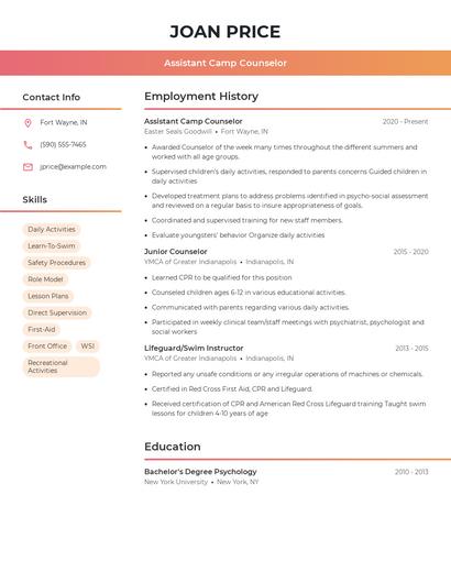 Assistant Camp Counselor Resume