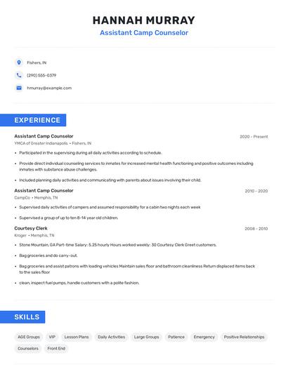 Assistant Camp Counselor Resume