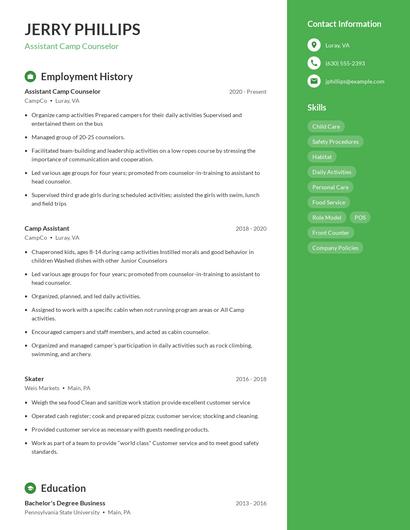Assistant Camp Counselor Resume