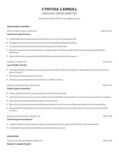 Assistant Center Director Resume