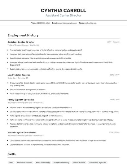 Assistant Center Director Resume