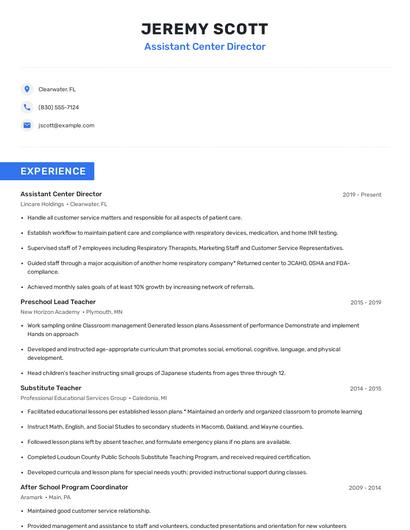 Assistant Center Director Resume