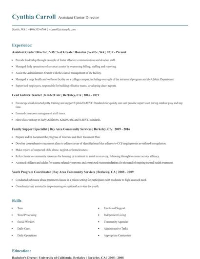 Assistant Center Director Resume