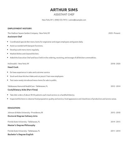 Assistant Chef Resume