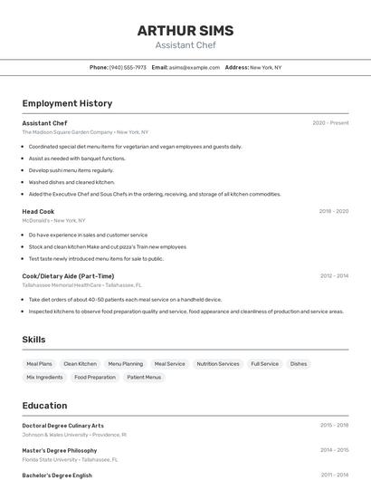 Assistant Chef Resume