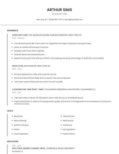 Assistant Chef Resume