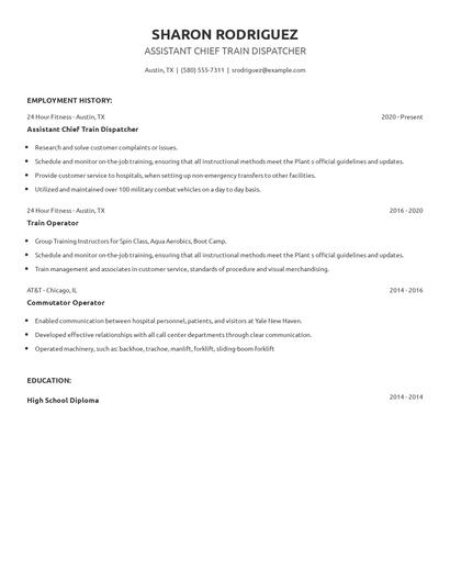 Assistant Chief Train Dispatcher Resume