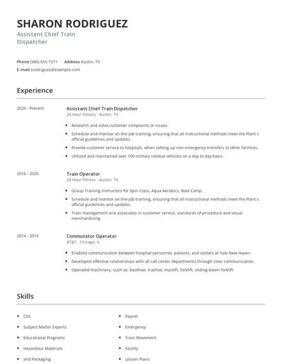 Assistant Chief Train Dispatcher Resume