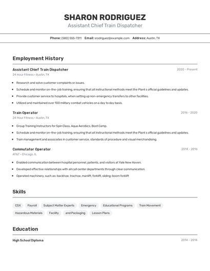 Assistant Chief Train Dispatcher Resume
