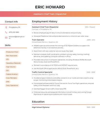 Assistant Chief Train Dispatcher Resume