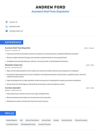 Assistant Chief Train Dispatcher Resume